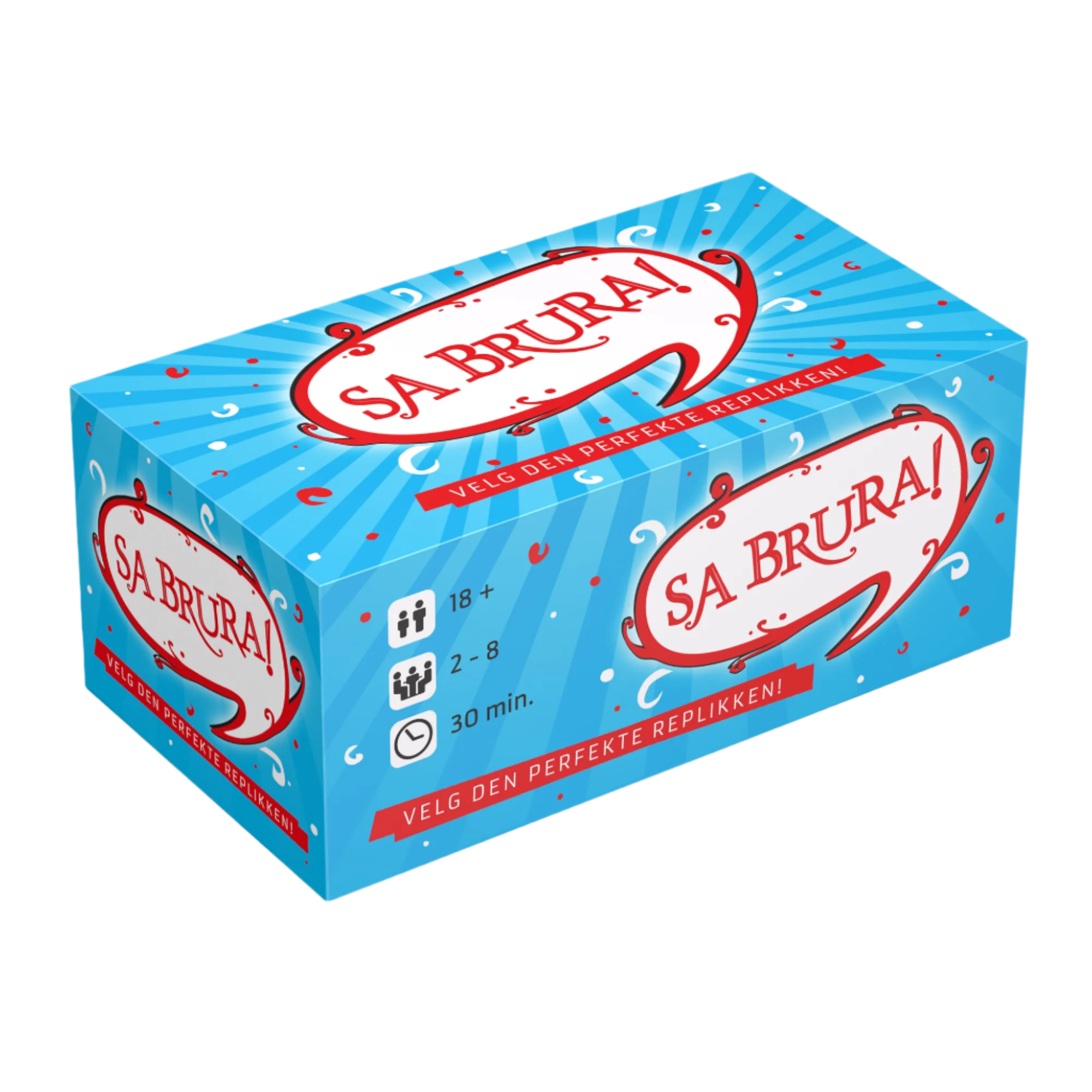 Sa brura blå eske med rød skrift i hvit snakkeboble